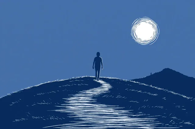 A person walks on a path illuminated by a large, textured circle representing the moon against a deep blue sky.