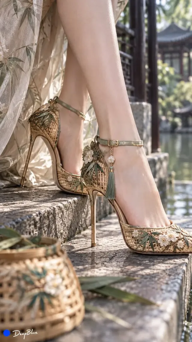 Hyperrealistic fashion photo of new Chinese style high heels, focusing on the legs from an unconventional angle, 9:16 vertical format.