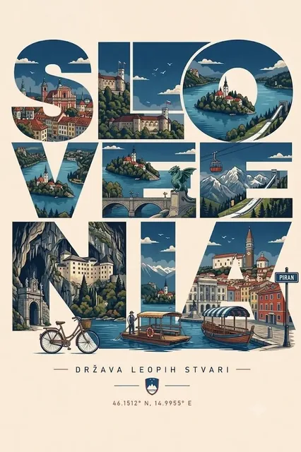 A modern vector travel poster with the country name in bold stacked letters, each containing detailed scenic illustrations, and a cohesive foreground scene.