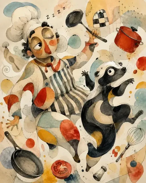 An abstract biomorphic painting of a human and animal in a dynamic pose, featuring irregular shape-cells, oversized eyes, and a whimsical, unstable composition with mixed-media tex