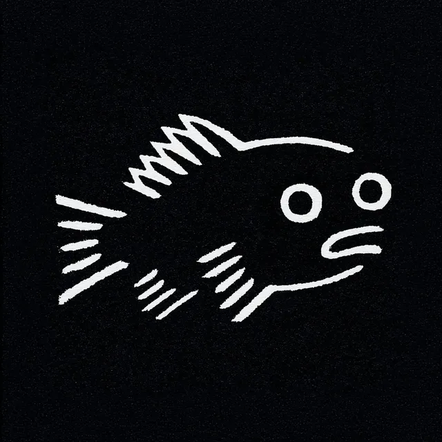 A minimalist white line art drawing of a fish with large, round, surprised eyes and a slightly open mouth, set against a textured black background.