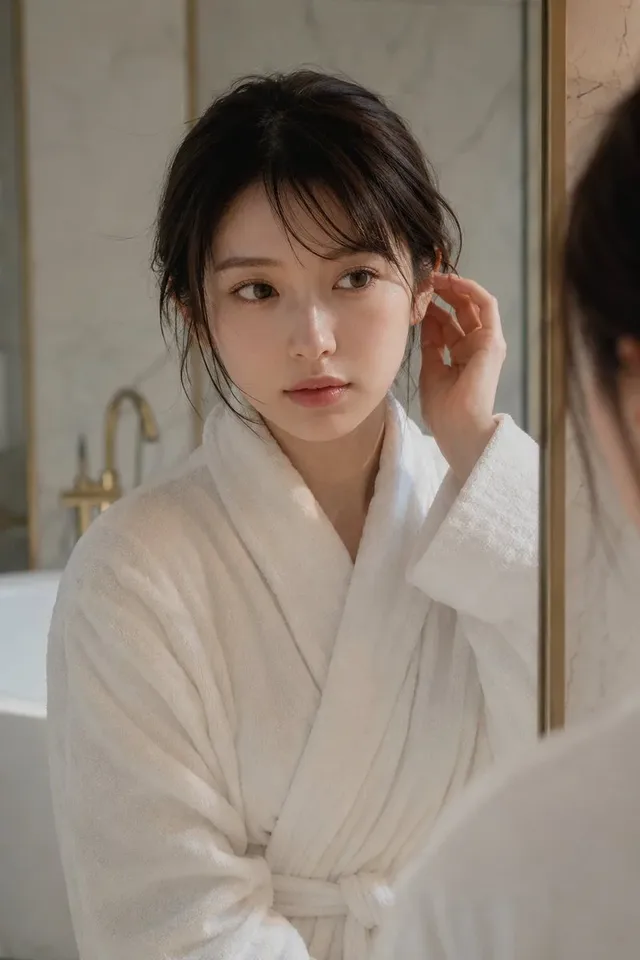 A woman with natural features and minimal makeup, wearing a white bathrobe, is gently touching her hair in a minimalist luxury bathroom with soft, warm lighting.