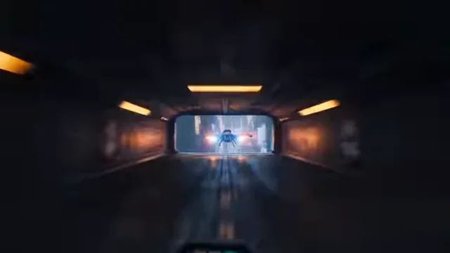 A stylized, glowing blue and orange delivery drone speeds through a neon-lit futuristic city, narrowly dodging other vehicles and obstacles.