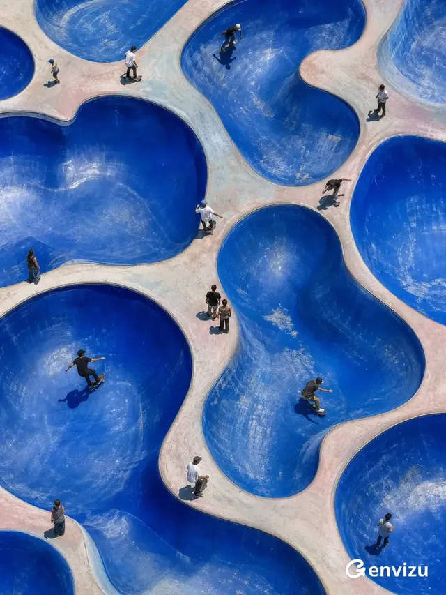 High-angle, top-down view of a blue concrete skatepark with organic, cellular shapes. Small skateboarders are visible. Strong shadows and realistic textures enhance the abstract composition.