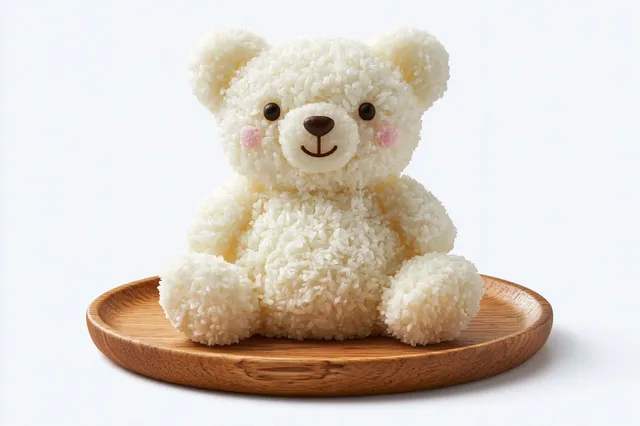 Cute characters made of rice grains, arranged on a wooden plate, with realistic texture and studio lighting against a white background.
