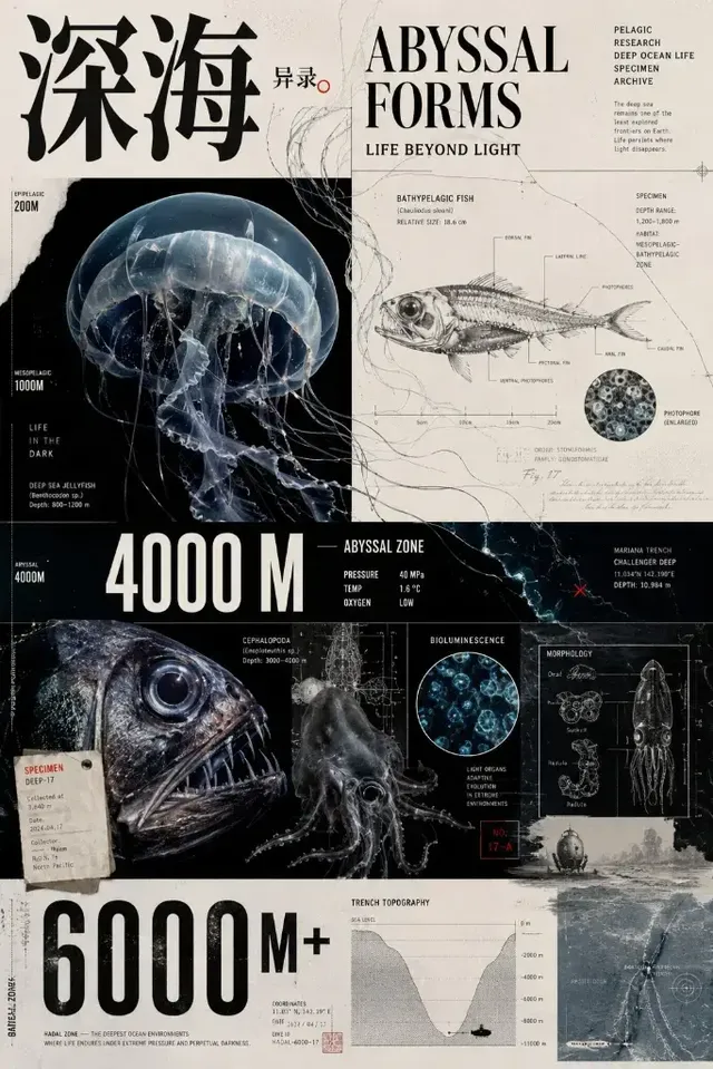 High-density natural science editorial poster with deep sea, insect, mineral, and plant elements, scientific archive visuals, experimental typography, and layered composition.