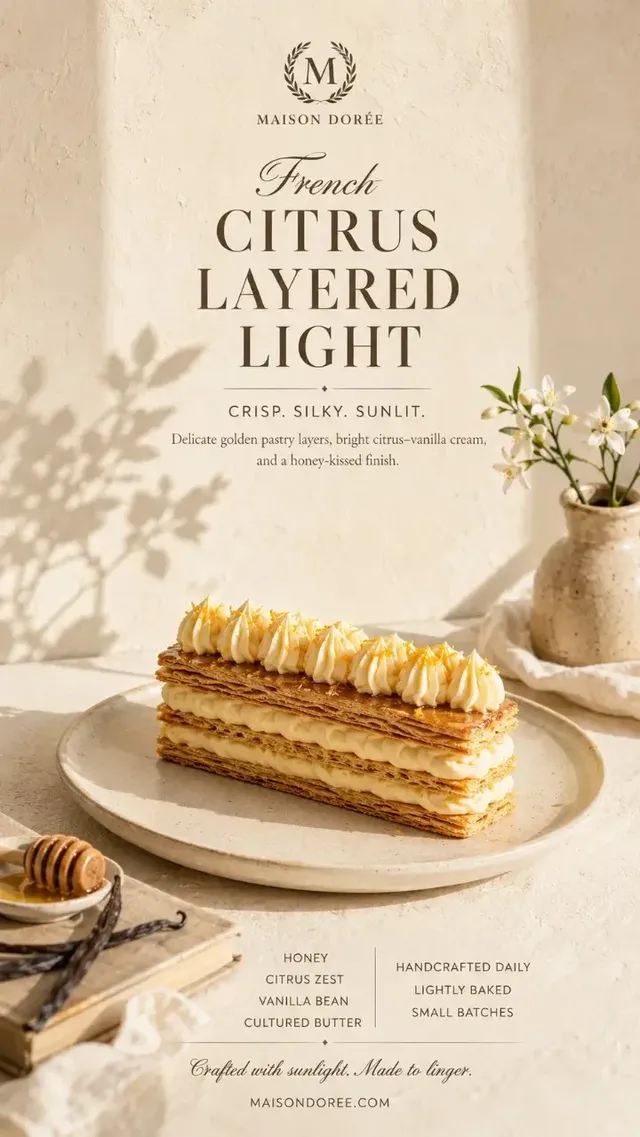 Premium 9:16 advertising poster for a French pâtisserie brand, featuring [DESSERT NAME] and headline [MAIN TITLE].