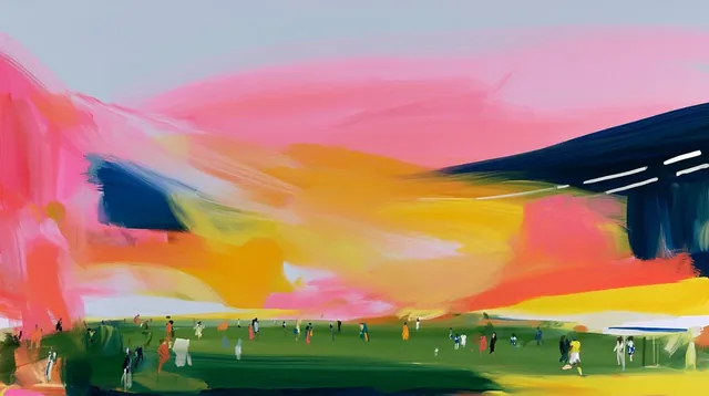 Abstract painting of a field with small figures under a colorful sky.