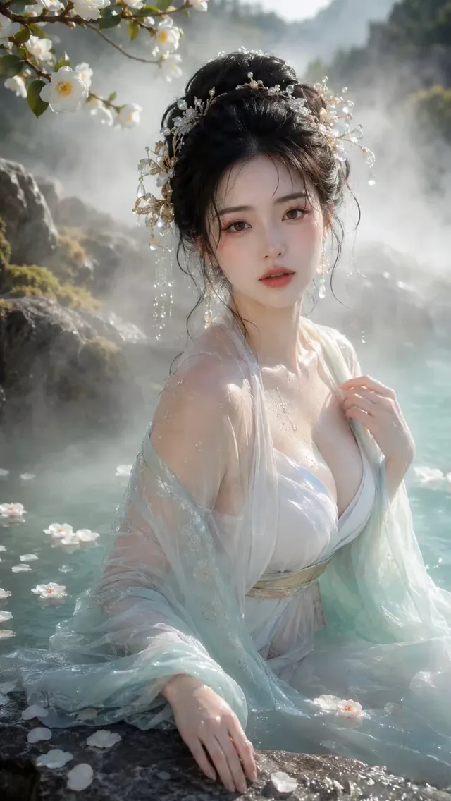 Hyperrealistic fantasy portrait of an elegant East Asian woman with porcelain skin, smiling gently, in a turquoise hot spring. She wears a flowing white and green robe and pearl jewelry. Mossy rocks and white camellias surround her.