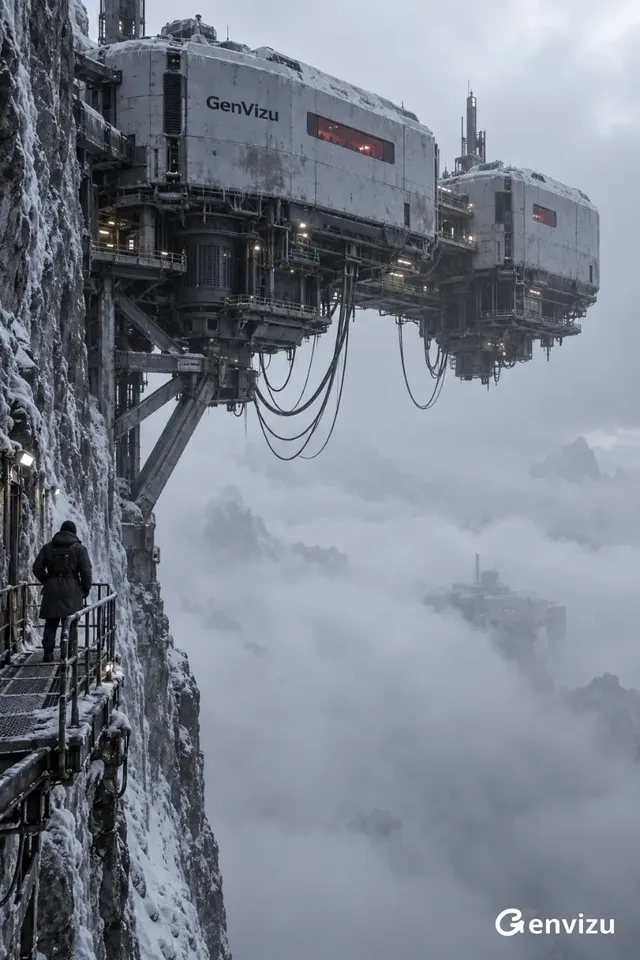 A colossal, weathered, dual-module mechanical station with exposed engines and cables is anchored to a sheer ice cliff, suspended over a dense fog. A tiny explorer in a black coat stands on a narrow platform below, gazing at the imposing structure.