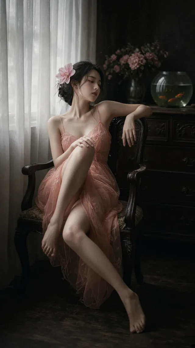 A beautiful young Taiwanese idol with dark hair and porcelain skin, wearing a sheer peach-coral dress, poses elegantly on a vintage chair with a serene expression, soft diffused light, and a dark, melancholic atmosphere.