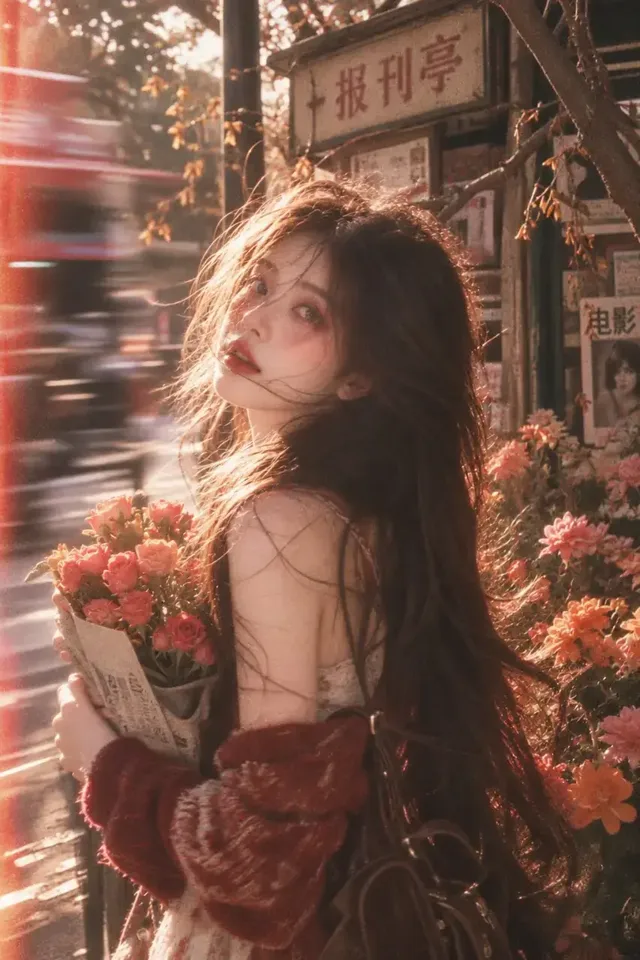A young woman with a flower bouquet, side profile, standing near a vintage newsstand with blooming flowers. The image has a retro film aesthetic, with warm tones, noticeable grain, and motion blur.