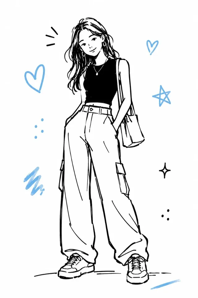 Simple black felt-tip marker doodle of a stylish young woman with minimal features and a few sky-blue accent shapes, on a clean white background, showcasing a hand-drawn, editorial sketchbook style.