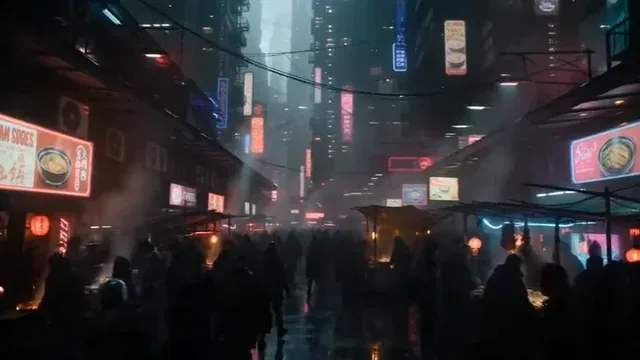 A masked courier in a dimly lit, neon-drenched cyberpunk market, surrounded by steam and holographic advertisements.