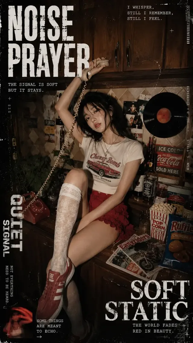 Photorealistic cinematic vintage editorial fashion photograph of a young woman with messy black hair in a 90s diner, holding a vintage corded telephone, wearing a baby tee and ruffled mini skirt, with distressed magazine typography.