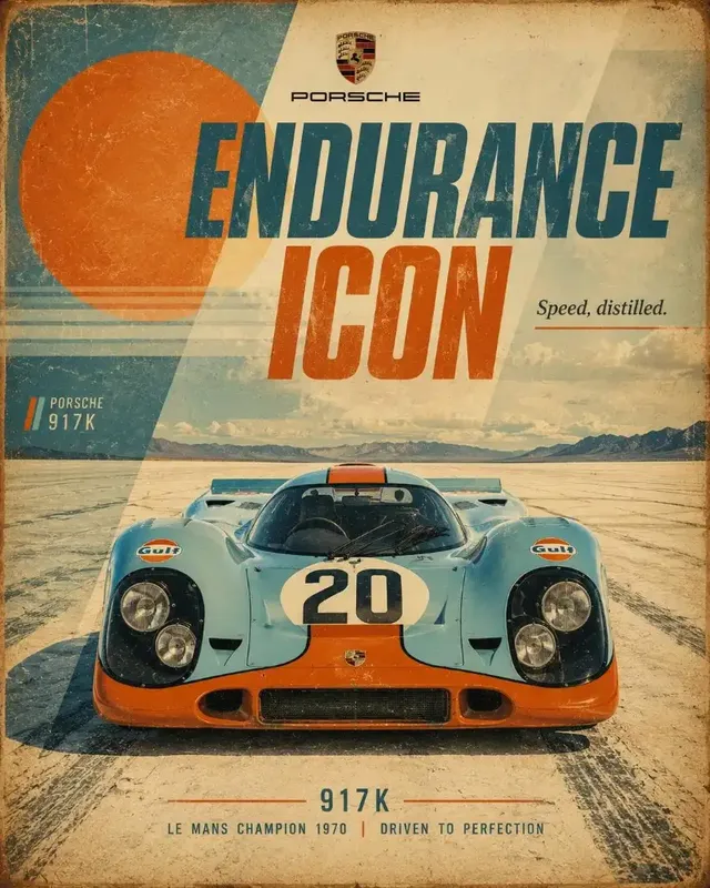 Retro motorsport poster with a centered front-facing car, layered graphic elements, sun shape, geometric blocks, and vintage textures.