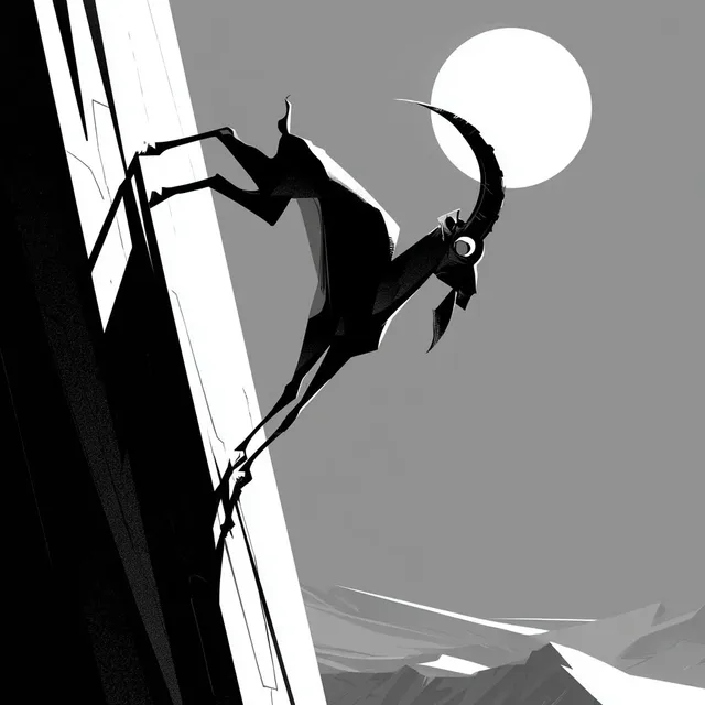 Monochrome illustration with sharp geometric shapes, angular characters, and a retro-noir aesthetic, evoking a stylish mid-century modern animation feel.