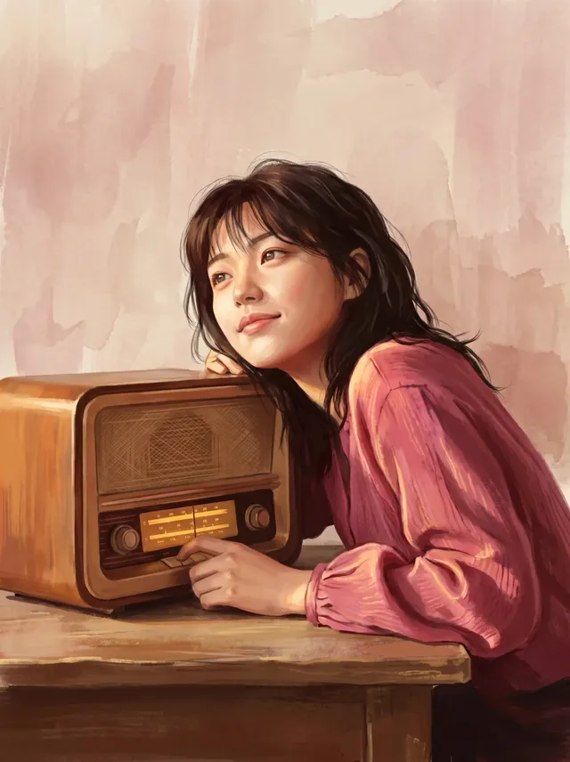 A young woman with dark wavy hair wearing a dusty rose blouse gently tunes a vintage wooden radio in a warm, cozy room.