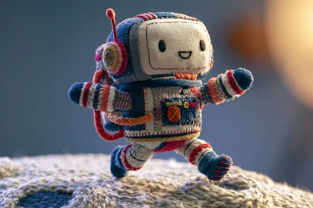 A whimsical fabric sculpture of a subject, made from various fabric pieces and yarn, placed on a handmade felt and yarn base.