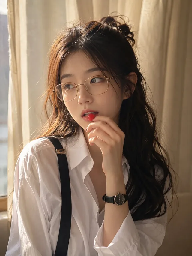 Close-up portrait of a young East Asian woman with wavy dark hair, wearing glasses and suspenders, holding a red gummy candy near her lips, bathed in warm golden hour window light.