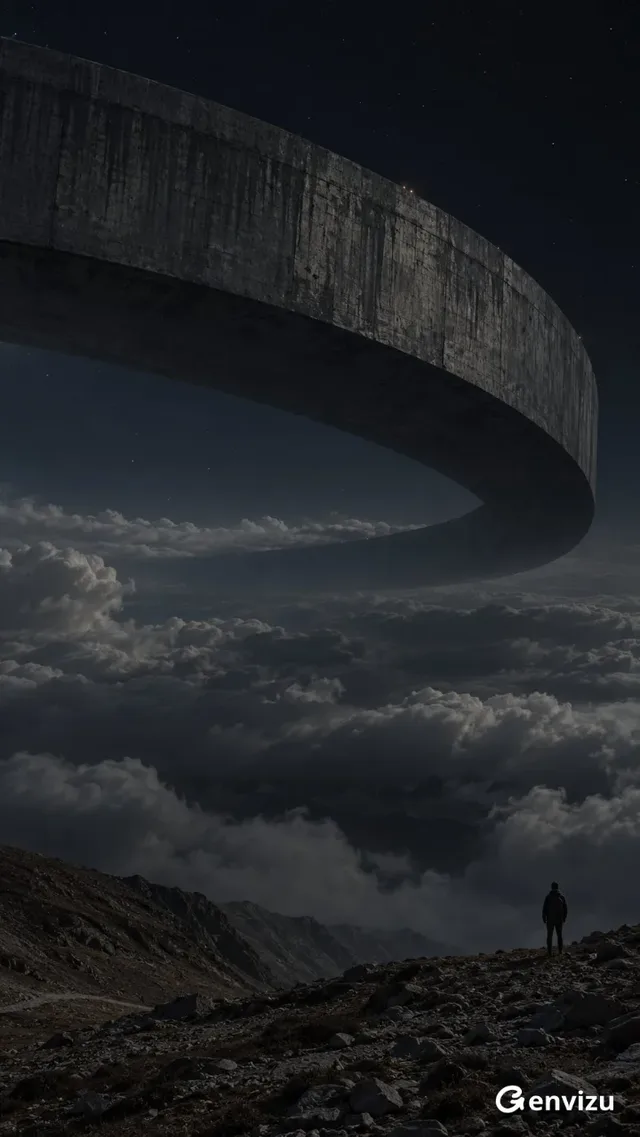 A vast, ancient concrete ring structure with detailed erosion marks hovers mysteriously above a thick, layered cloud formation in a deep black, star-speckled night sky. A lone figure stands on a rocky path below, dwarfed by the immense scale of the architecture.