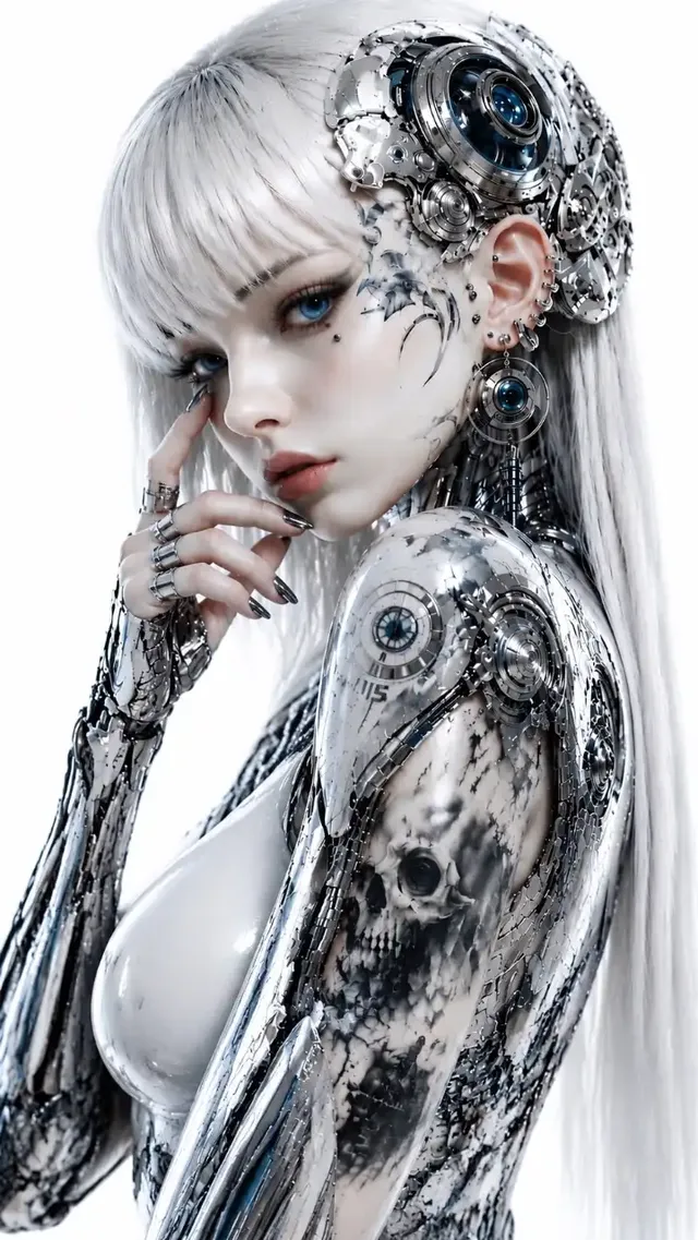 A hyper-realistic portrait of a futuristic biomechanical woman with white hair, icy blue eyes, and intricate chrome cybernetic augmentations on her face, hand, and shoulder.
