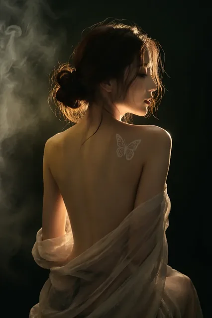 Vertical low-key portrait of a woman's back with a white butterfly tattoo on her shoulder, illuminated by golden rim light.