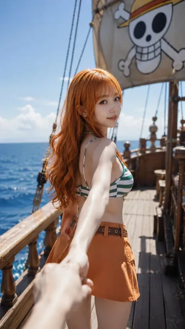 A realistic depiction of Nami from One Piece, seen from a first-person perspective, holding the viewer's hand and looking back with a beautiful profile.
