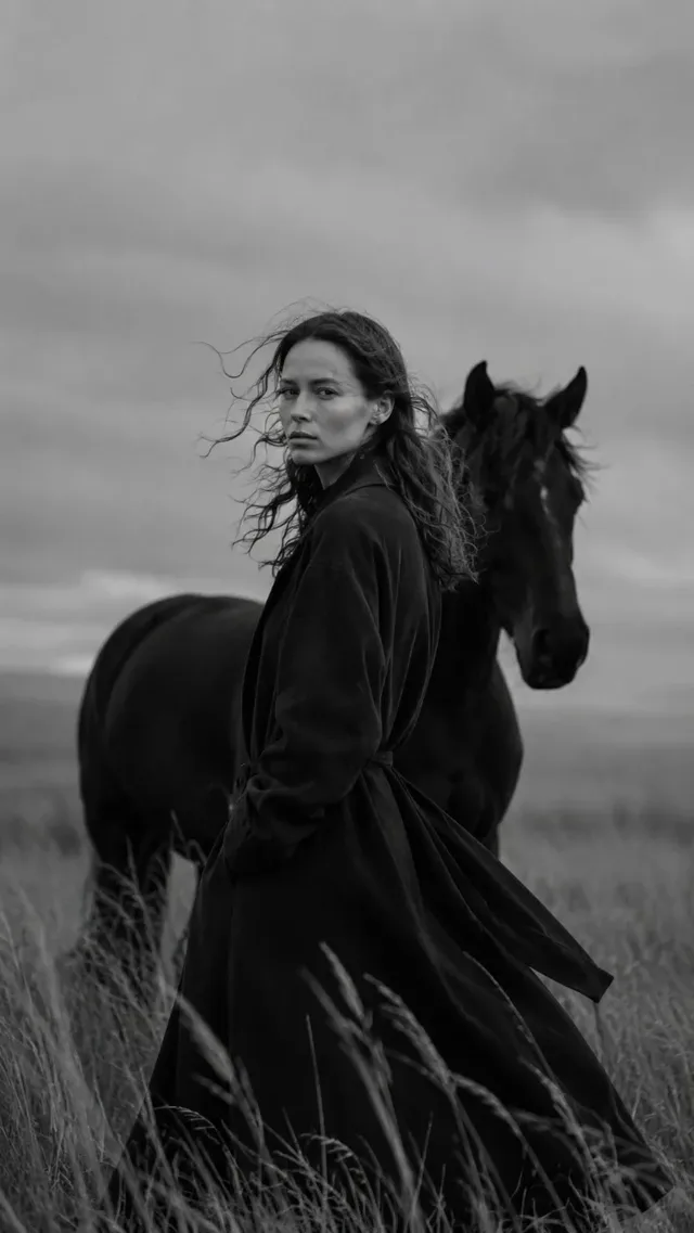 A woman with long, dark, windswept hair sits in tall grass, gently touching noses with a large black horse. They are framed by a stormy, cloudy sky in a dramatic, black and white, fine art portrait.