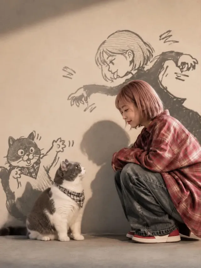 Anime-inspired portrait of a young woman with a pink bob haircut and her British Shorthair cat. Golden-hour light casts long shadows that morph into playful manga doodles of the characters.
