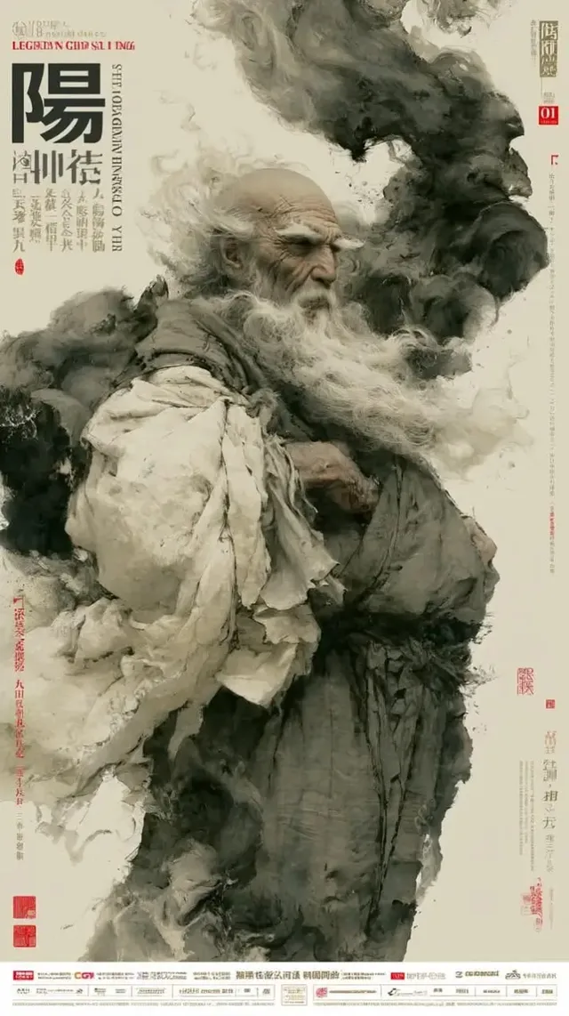 An elderly Taoist kung fu grandmaster with a long white beard, in torn monk robes, stands in a powerful stance with swirling qi energy forming a yin-yang vortex around him, against a backdrop of Chinese mountains.