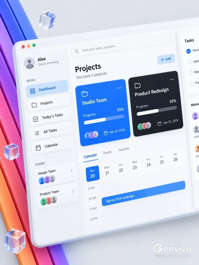 A 3D rendering of a project management dashboard with a clean, modern interface, inspired by Microsoft Fluent UI, featuring project cards, task lists, and calendar elements.