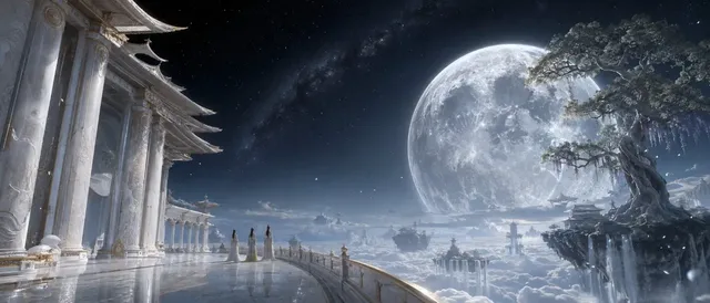 A vast celestial city made of white jade and moonlight floats above a sea of clouds, with a giant moon rising in the deep night sky, evoking a sense of epic scale and divine grandeur.