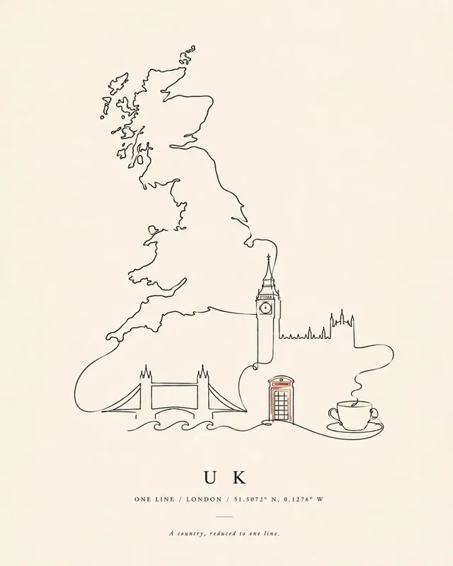 A minimalist art print with a single, elegant black line forming a country's silhouette and transforming into iconic symbols against a warm ivory background.