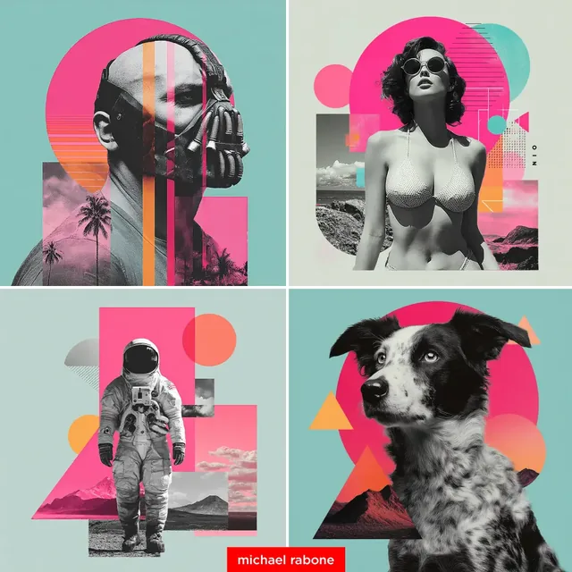 A surreal collage featuring a portrait integrated with vibrant, abstract geometric shapes in a neon, retro-futuristic style.