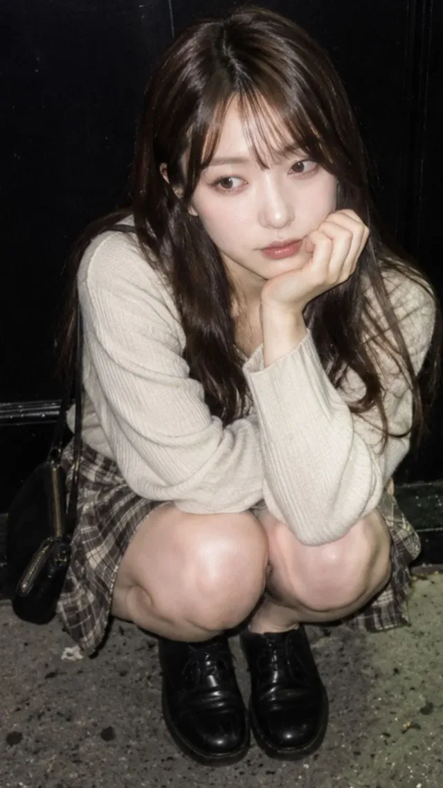 A woman crouches on wet stone steps in front of a dark door, wearing a cream knit sweater and grey plaid skirt, resting her cheek on her hand.