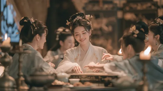 A group of five East Asian noblewomen in traditional Tang Dynasty aristocratic attire playing a board game in a dimly lit, candlelit boudoir with ornate furnishings.