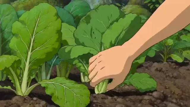 Anime-style illustration of a peaceful outdoor cooking scene by a river, featuring fresh ingredients, a campfire, a steaming stew, and a rustic meal served under dappled sunlight.