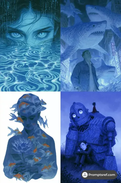 Surreal illustration dominated by deep blue tones, evoking a dreamlike and mysterious atmosphere.