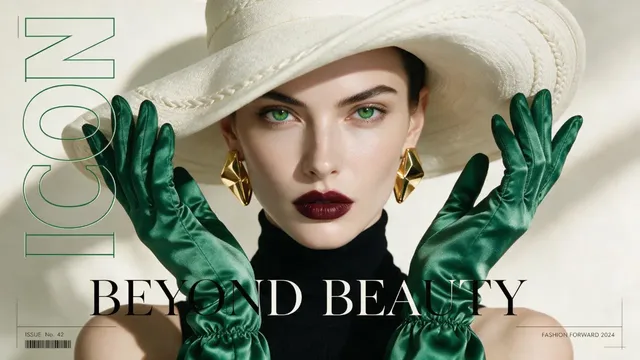Ultra-realistic fashion magazine cover featuring a model with emerald eyes and a sculptural hat, with bold "ICON" and "BEYOND BEAUTY" typography layered over the portrait.