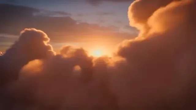 First-person view flying through a surreal sky-ocean with giant glowing whales, lightning jellyfish, and waterfalls pouring upward into floating islands, ending in a Möbius loop.