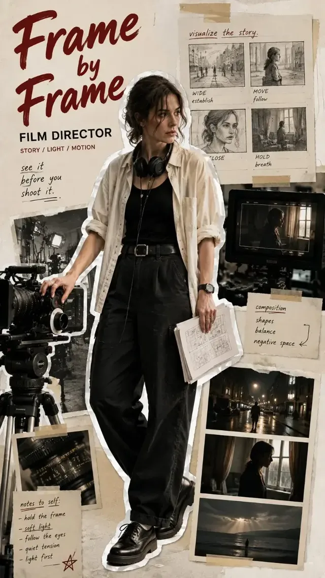 Full-body realistic editorial portrait of a creator, cut out with a white border, set against a textured background with a collage of their workflow, tools, and finished results. A prominent headline in an accent color is visible.