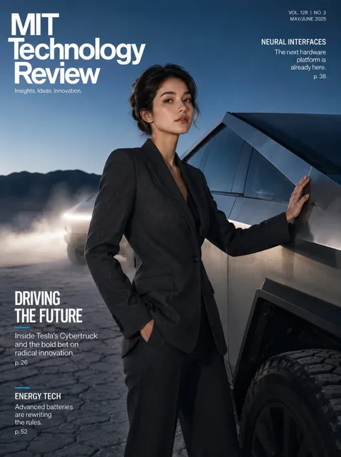 A Korean woman in a charcoal blazer stands next to a Tesla Cybertruck on a salt flat at dusk, with 'MIT TECHNOLOGY REVIEW' masthead.