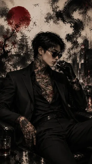 A sophisticated figure in a modern ink illustration, wearing a suit, sunglasses, and covered in intricate irezumi tattoos.