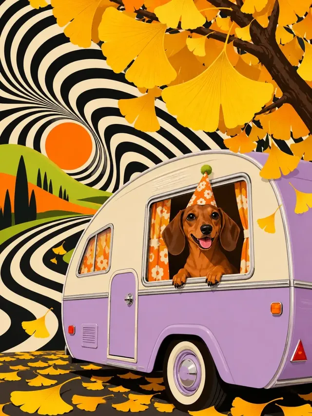 1960s op-art illustration of a dachshund in a lilac camper under golden ginkgo leaves with black-and-cream optical waves.