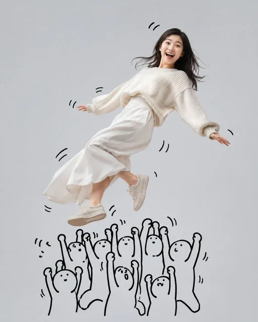 A realistic young Taiwanese girl with a happy expression floats in the air, with minimalist black graffiti villains appearing to lift her from below.