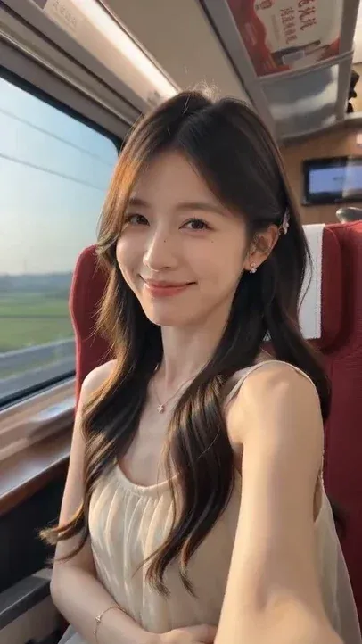 A young East Asian woman with long dark hair films a selfie video from a train seat, smiling and interacting with her hair.