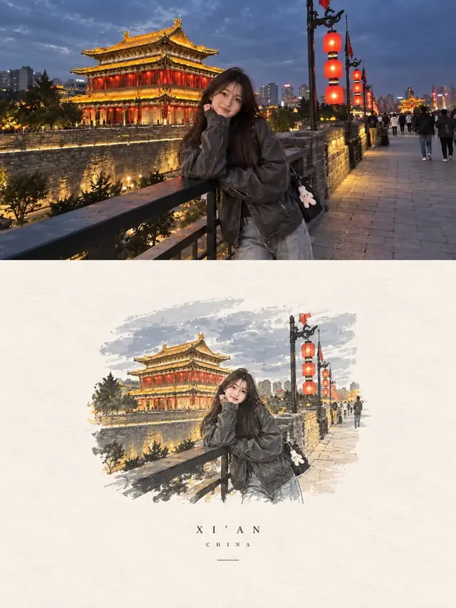 A young East Asian woman with long dark hair and a gentle smile, wearing a leather jacket and jeans, stands on a stone walkway beside a historic city wall at night, with traditional Chinese buildings and red lanterns glowing.