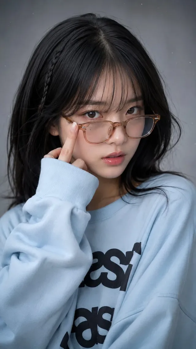 Ultra-realistic close-up selfie of a beautiful young East Asian woman with black hair, wearing glasses and a blue sweatshirt. She has luminous skin, gentle makeup, and a playful expression, looking directly at the camera.