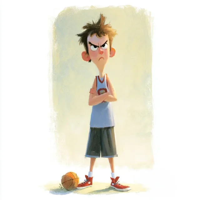 A character illustration in a painterly storybook style with exaggerated expression and warm lighting.